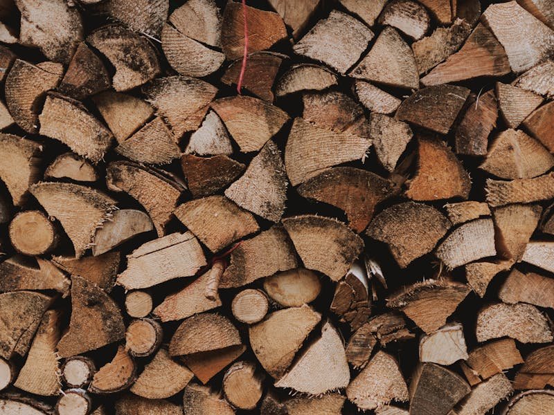 Seasoned firewood neatly stacked on a rack ready for winter use at a Huntsville Alabama home